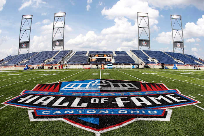 The Hall of Fame logo was featured on the field prior to the 2017 Hall of Fame Game between the Cardinals and the Cowboys in Canton, Ohio.